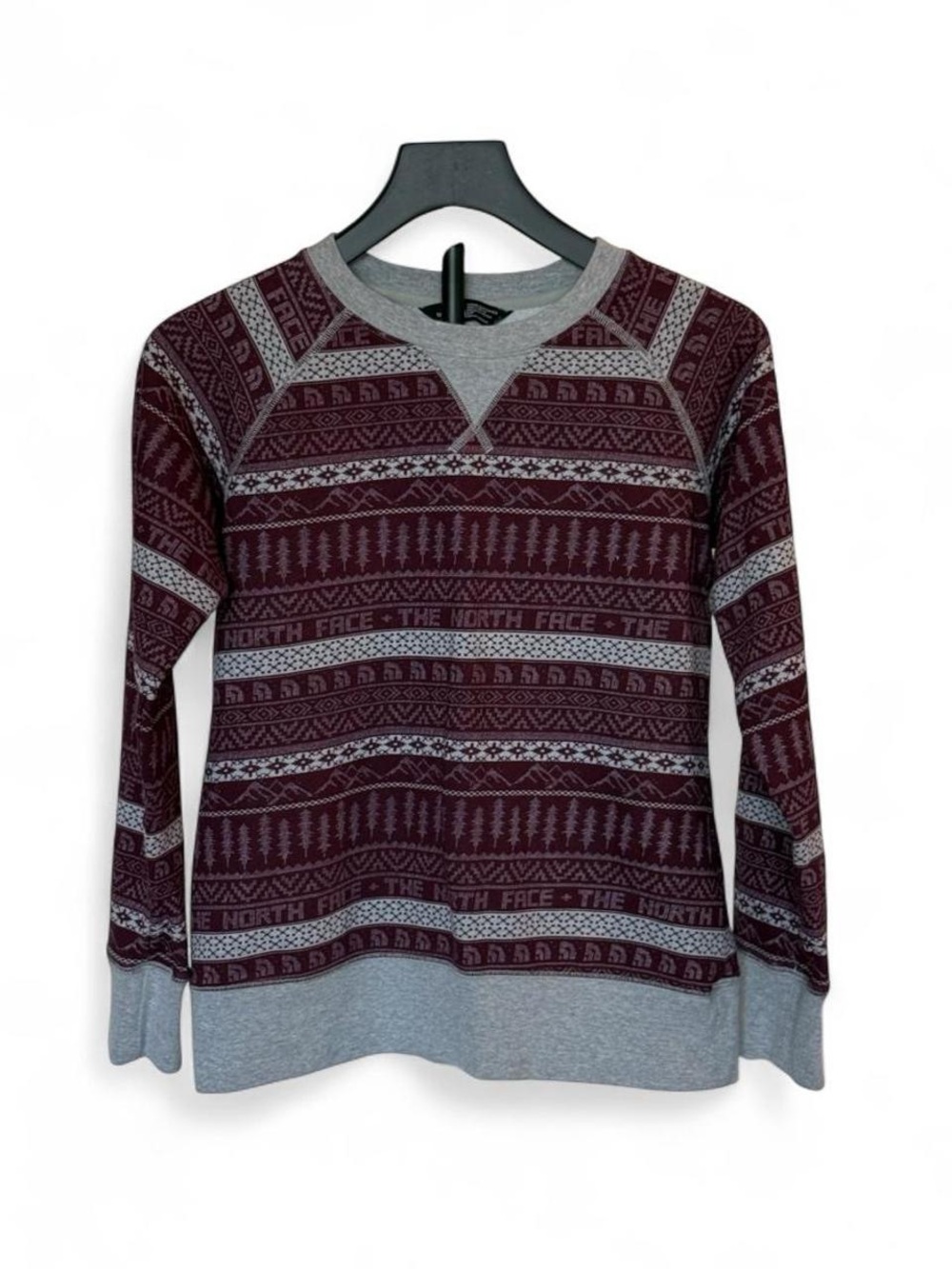The North Face Women’s Burgundy Gray Fair Isle Crewneck Fleece Logo Pullover S